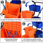 Cleaning Trolley Professional Jaw Press 2 Buckets Storage, Orange Blue