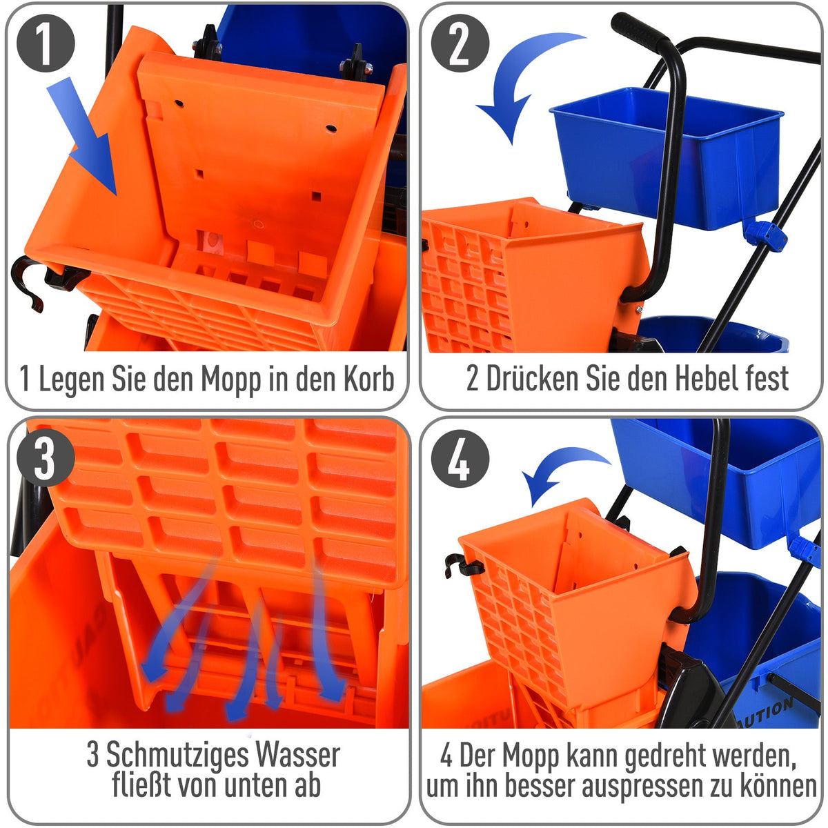 Cleaning Trolley Professional Jaw Press 2 Buckets Storage, Orange Blue