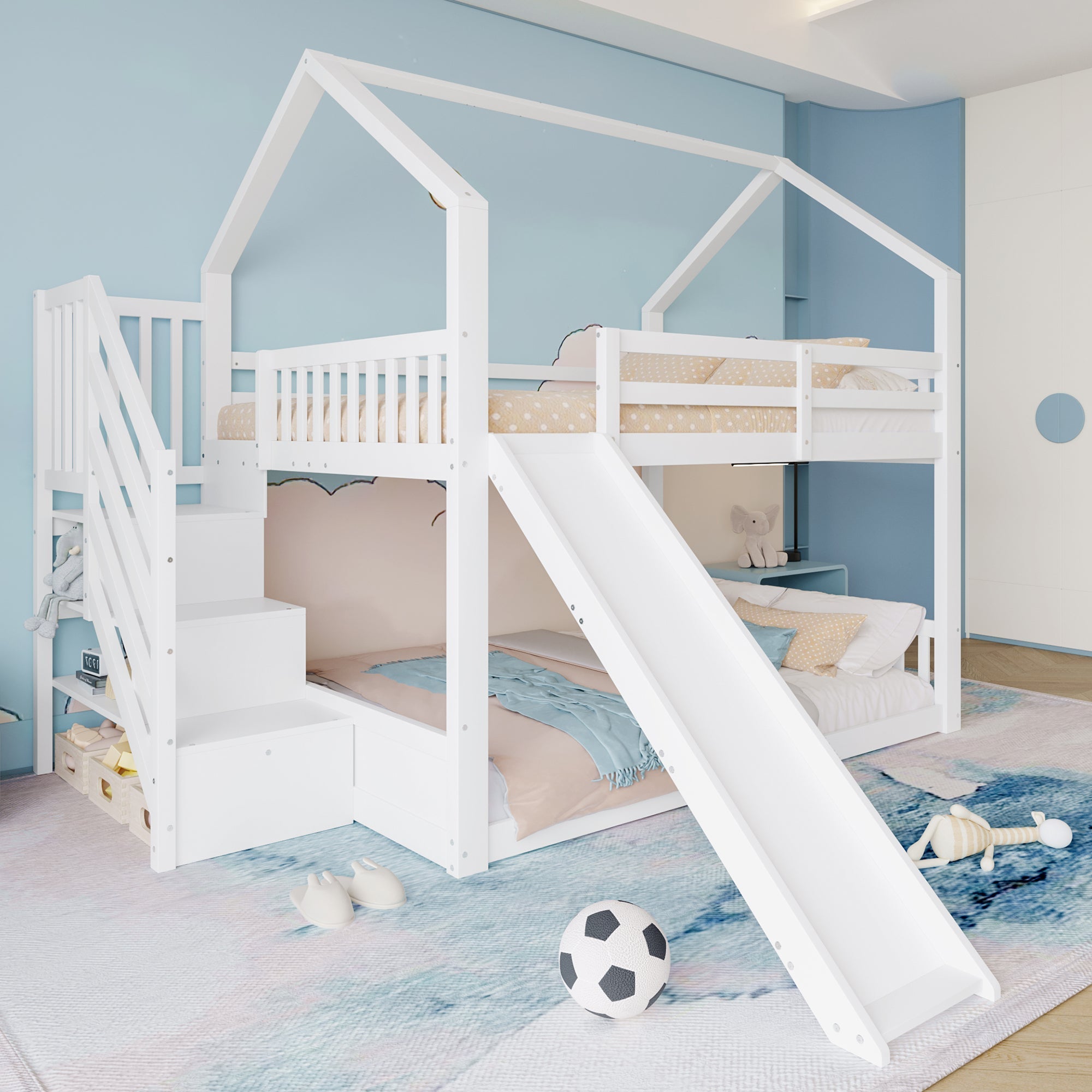Bunk Bed with Storage Stairs and Slide, 140x200cm, White