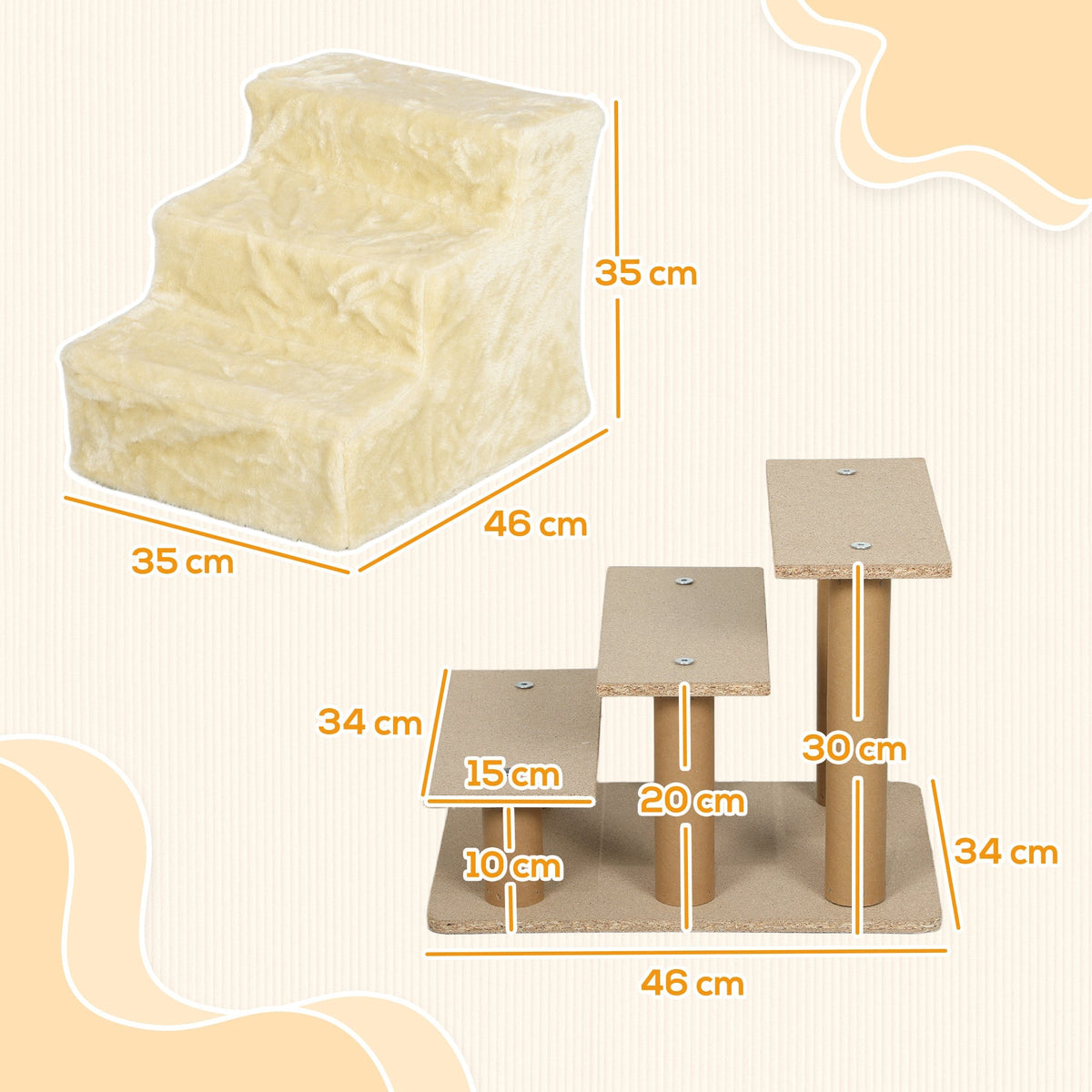 Dog Stairs, 3-Step 35 cm, Plush Look, Beige