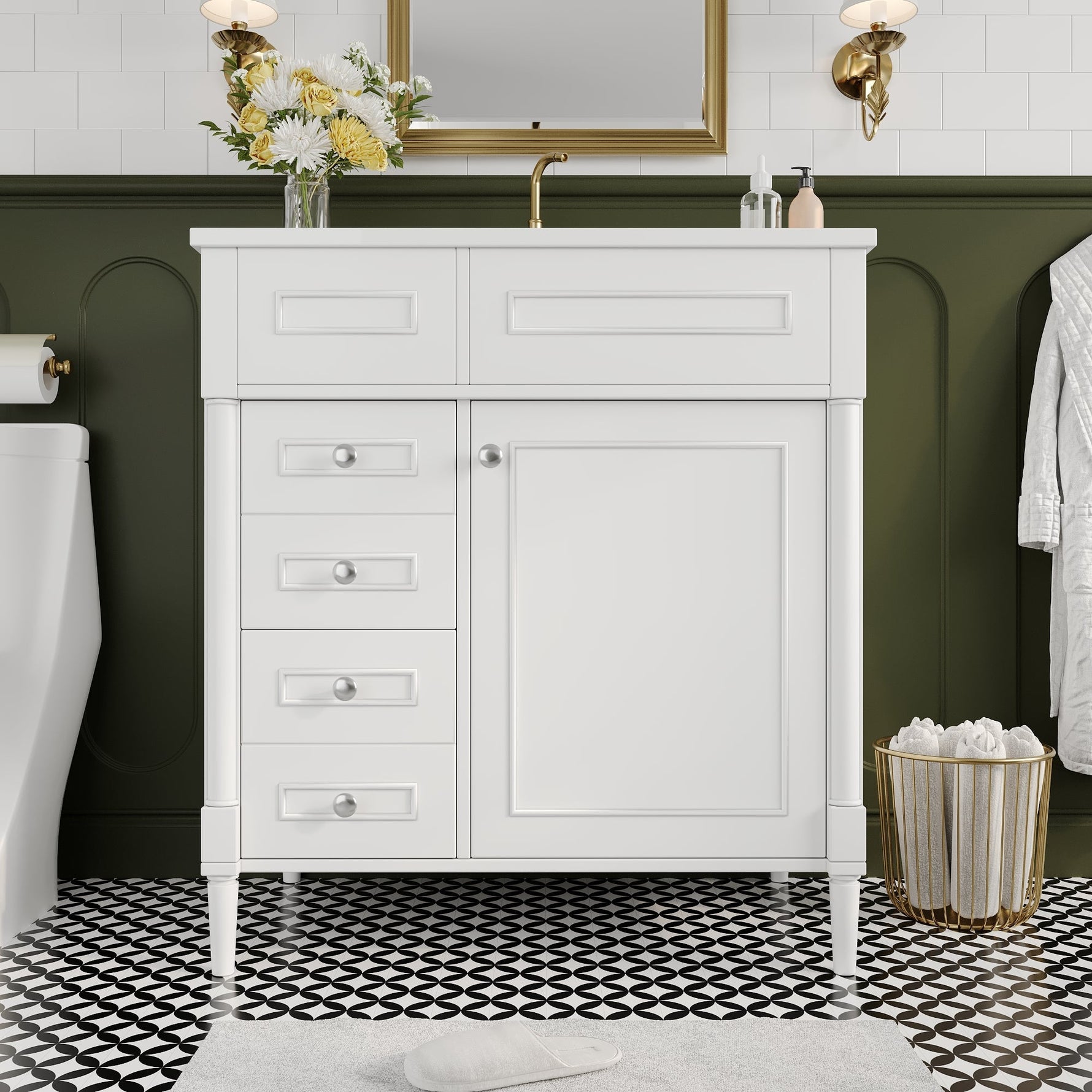 Bathroom Vanity Unit with Sink and 2 Storage Drawers, White
