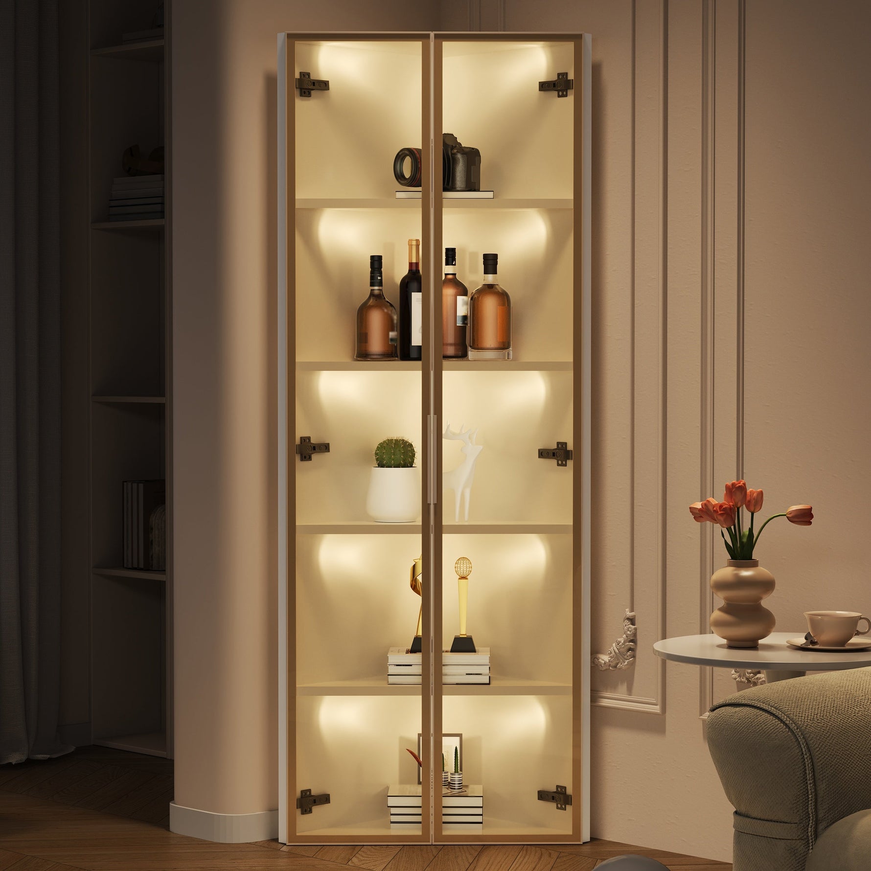 LED Glass Display Case with Integrated Light Strip and Tempered Glass, White