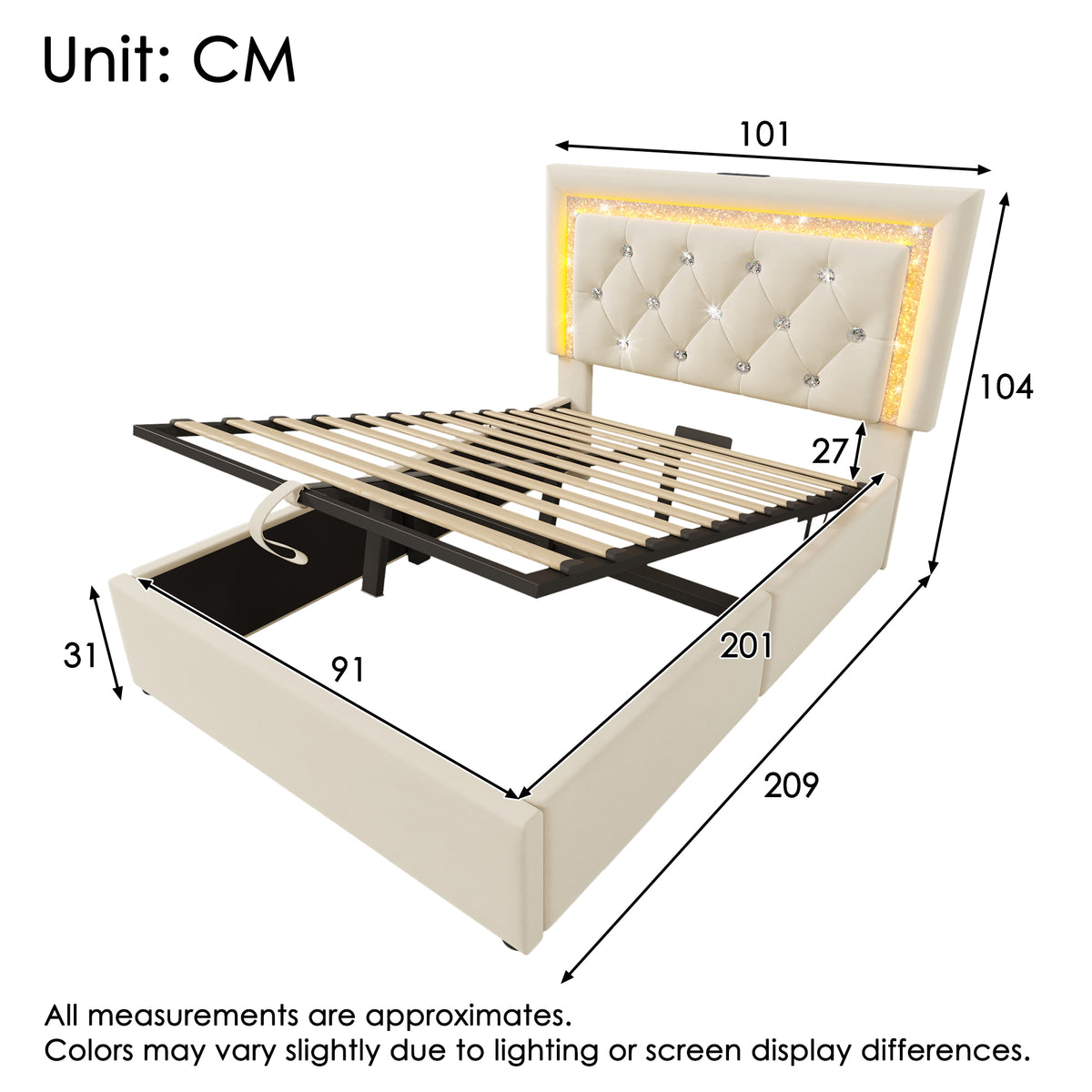 Upholstered Single Bed 90x200cm with LED & Storage, Beige Velvet