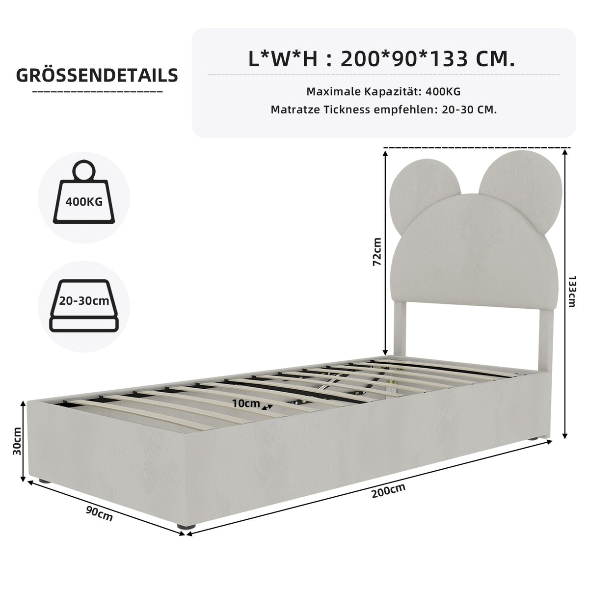 Modern Minimalist Upholstered Bed, Soft Cartoon-Design Headboard, Storage Base, Beige