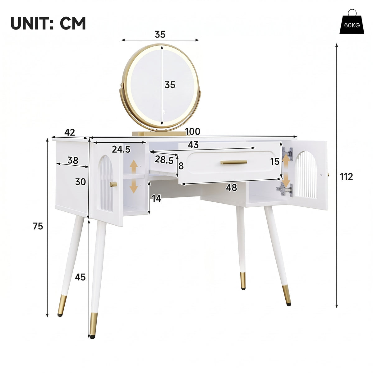 LED Dressing Table with Mirror, 1 Drawer & 2 Doors, White