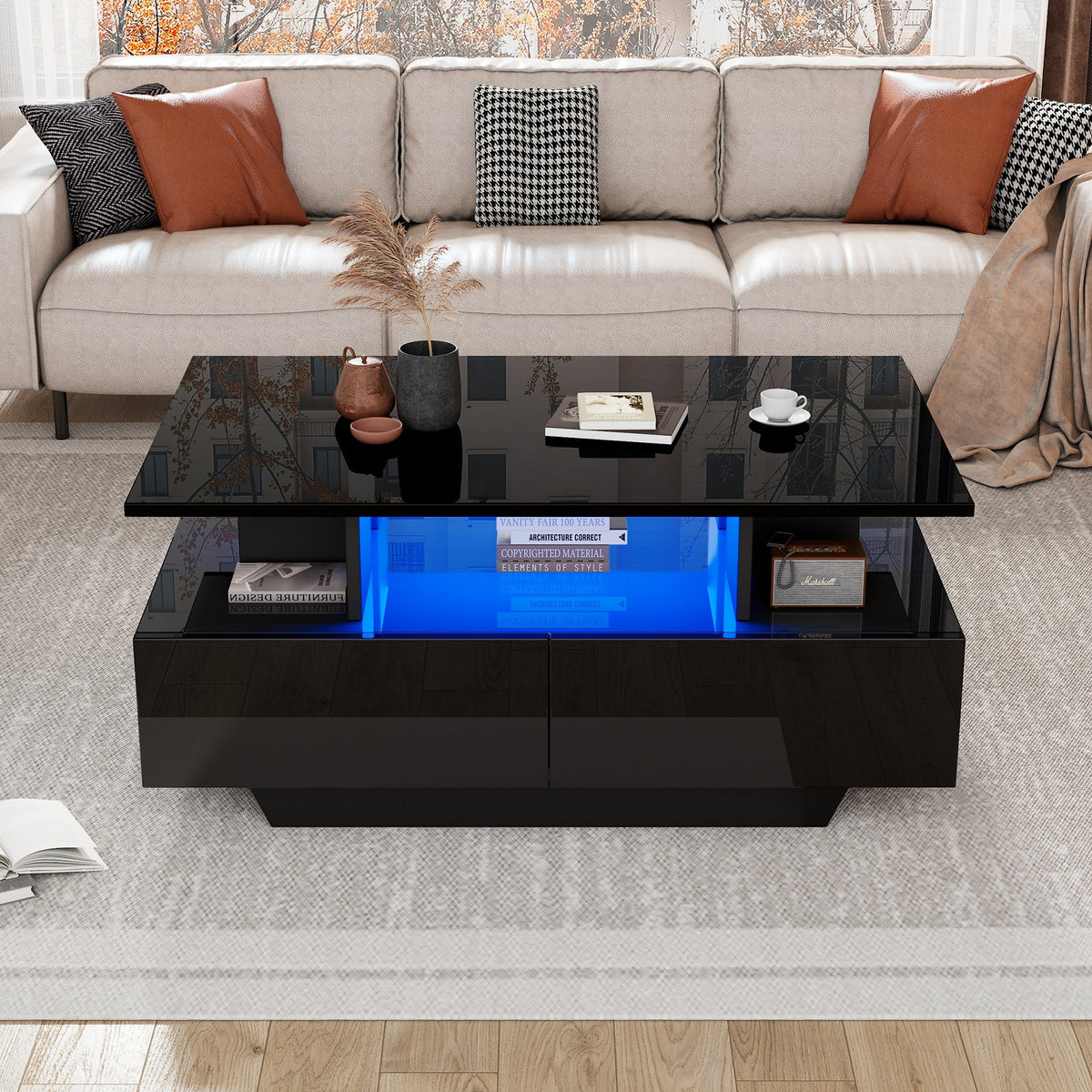 Coffee Table, Modern High-Gloss with LED & 2 Drawers, White