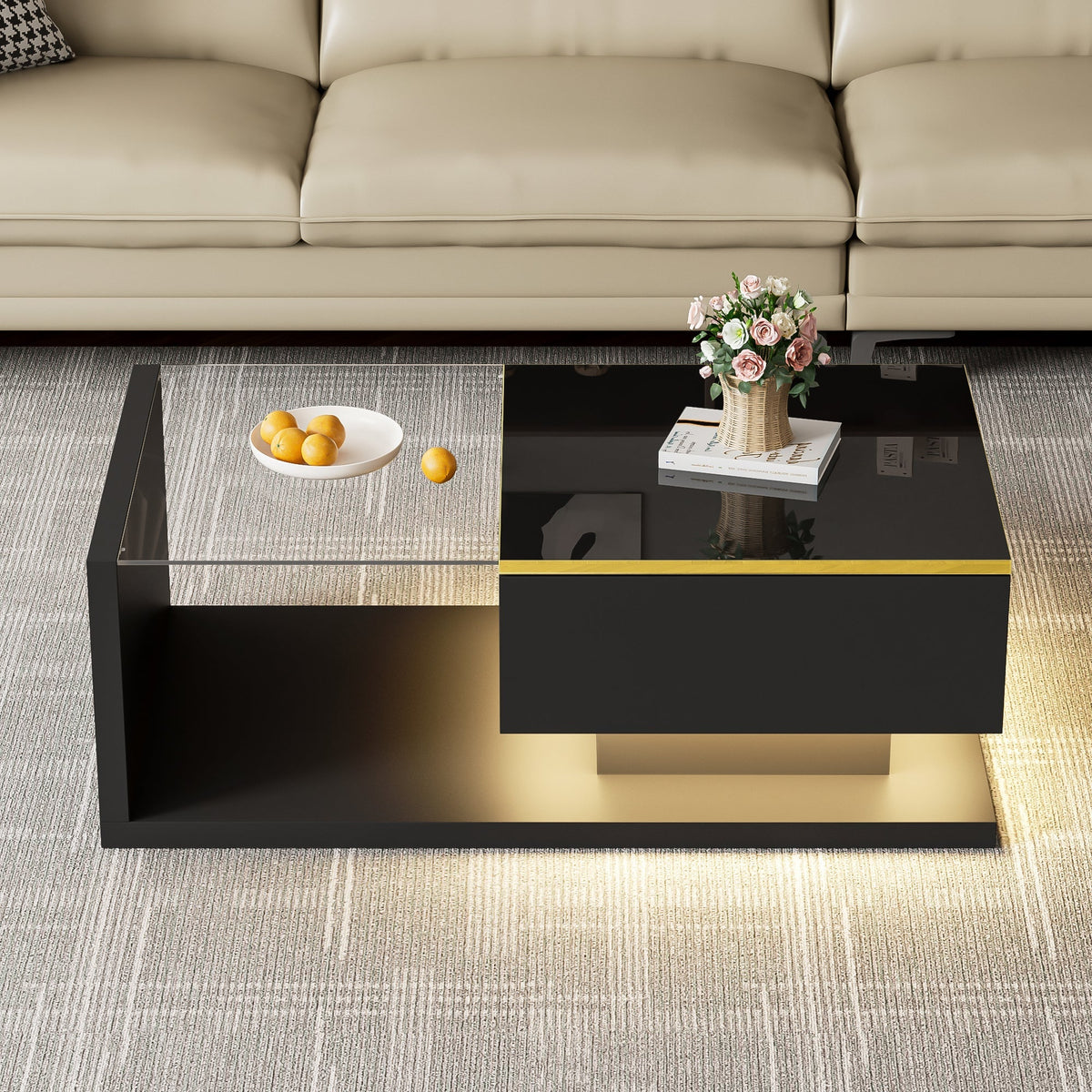 Coffee Table 90cm Long, High-Gloss Black with Glass & LED
