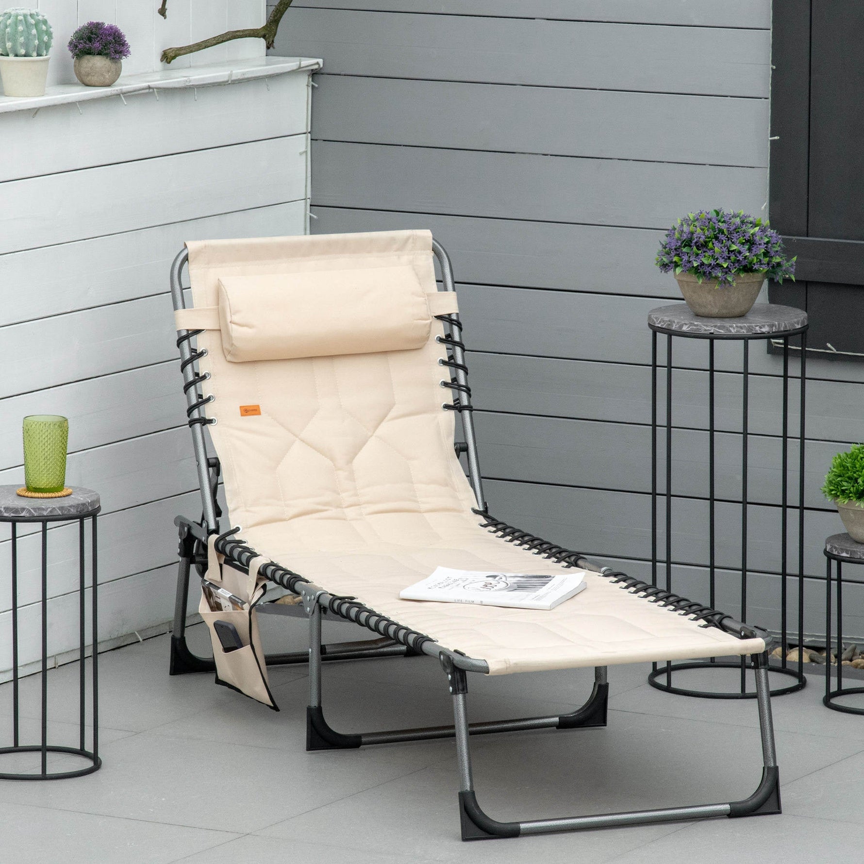 Sun Lounger, Foldable with Pillow, 5-Way Adjustable Backrest, Beige