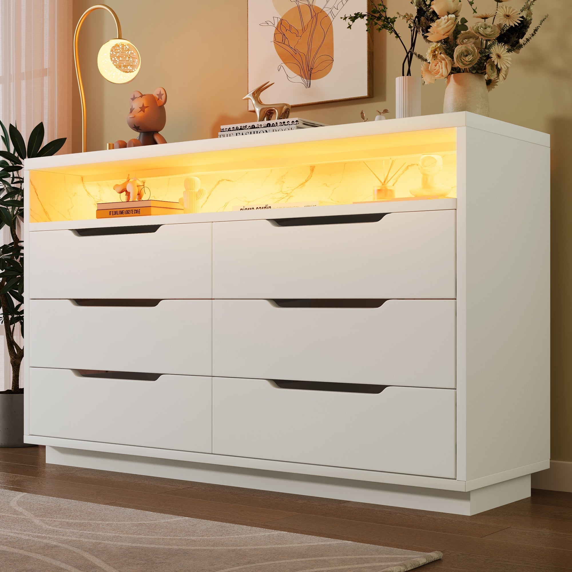Sideboard Chest of Drawers LED 6 Drawers Marble Storage, White