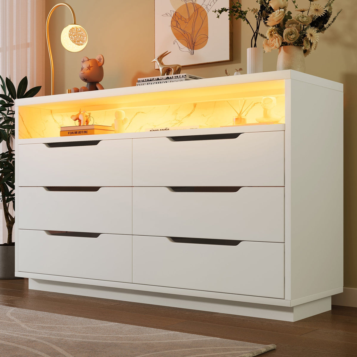 Sideboard Chest of Drawers LED 6 Drawers Marble Storage, White