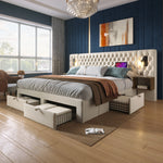 Bedroom Set, Upholstered Double Bed 160x200cm, 2 Nightstands, 4 Drawers, Headboard Reading Light with USB, Beige Velvet
