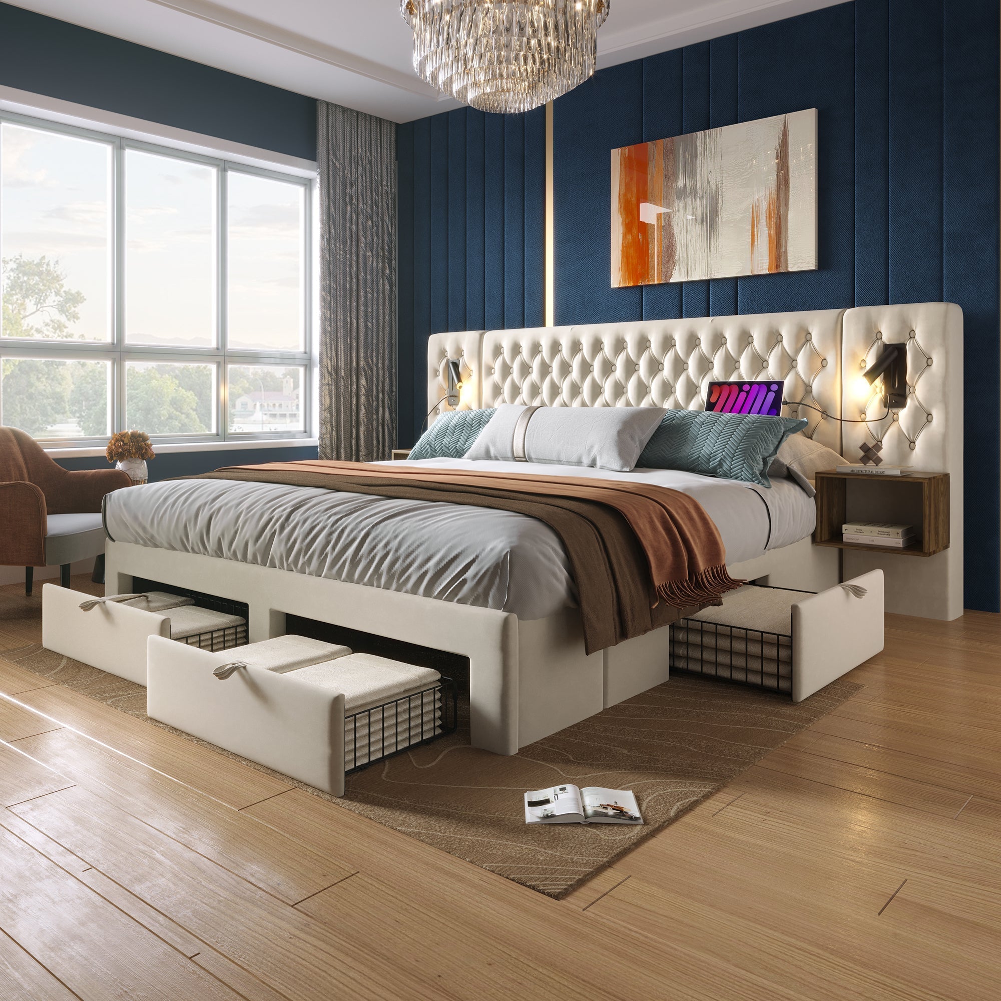 Complete Bedroom Bed Set with 180x200cm Double Bed, 2 Bedside Tables, 4 Drawers and USB Reading Light, Beige Velvet