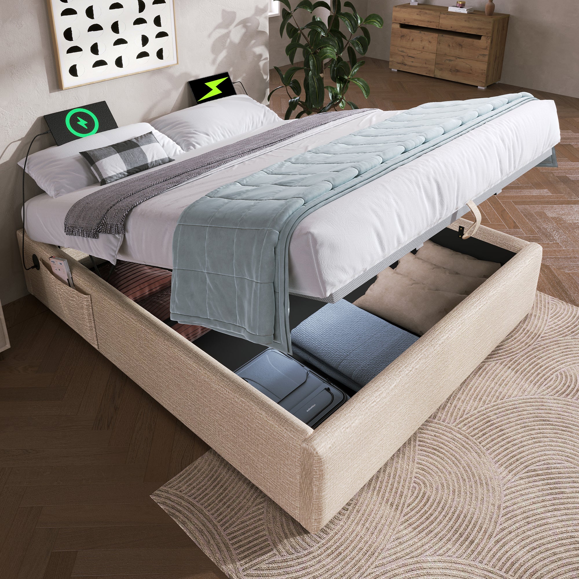 Upholstered Double Bed with Storage and USB-C, 160x200cm, Natural Linen