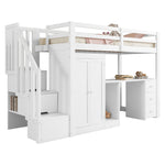 Loft Bed with Wardrobe, Desk, Stairs and Drawers, 90 x 200cm, White