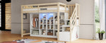 Loft Bed with Wardrobe, Storage Cabinets, LED and Side Ladder, 90x200cm, Wood Color