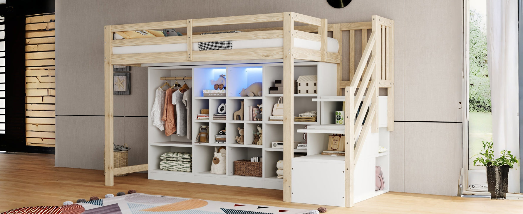 Loft Bed with Wardrobe, Storage Cabinets, LED and Side Ladder, 90x200cm, Wood Color