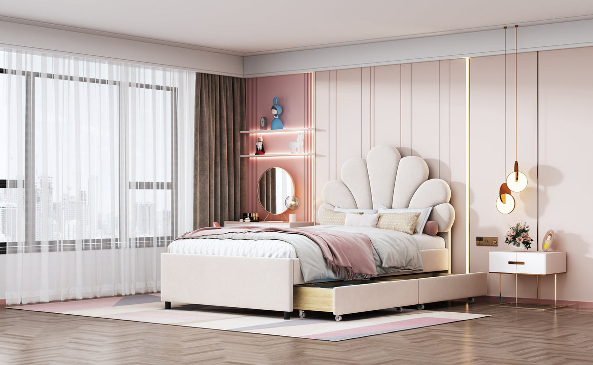 Upholstered Children's Bed 90x200cm Floral Headboard Storage Velvet Beige