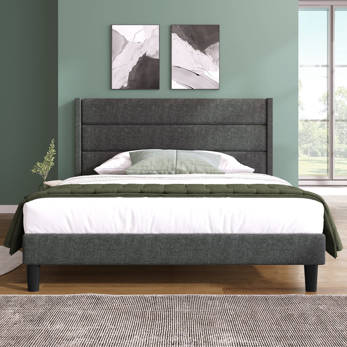 Upholstered Bed 140x200cm, with Slatted Frame & Headboard, Double Bed, Linen Dark Grey