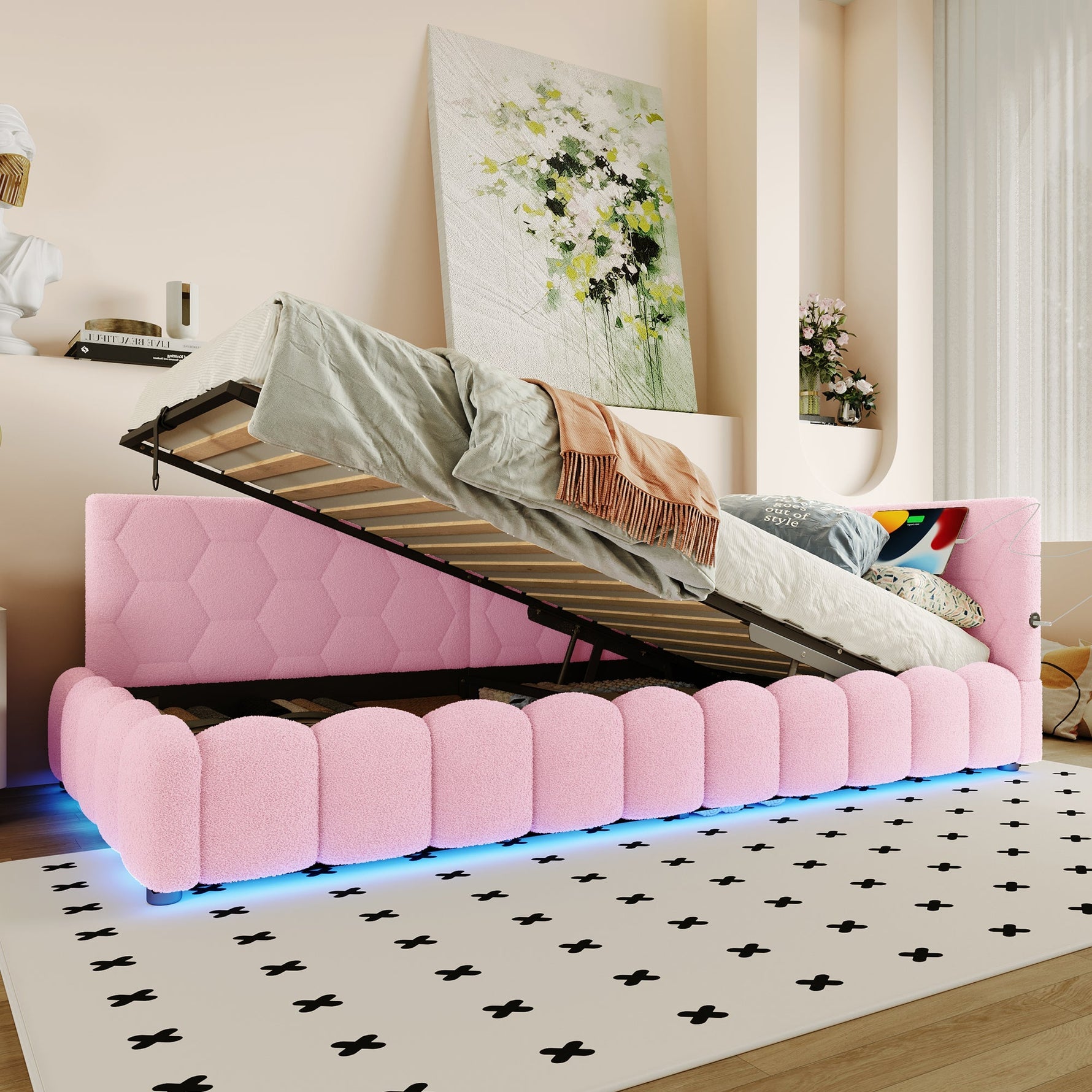 Daybed with LED Light, Hydraulic Storage and USB Charging, Pink Imitation Fleece