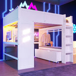 Loft Bed 140x200cm Gaming with Desk, LED Lights, USB/Type-C Ports, White