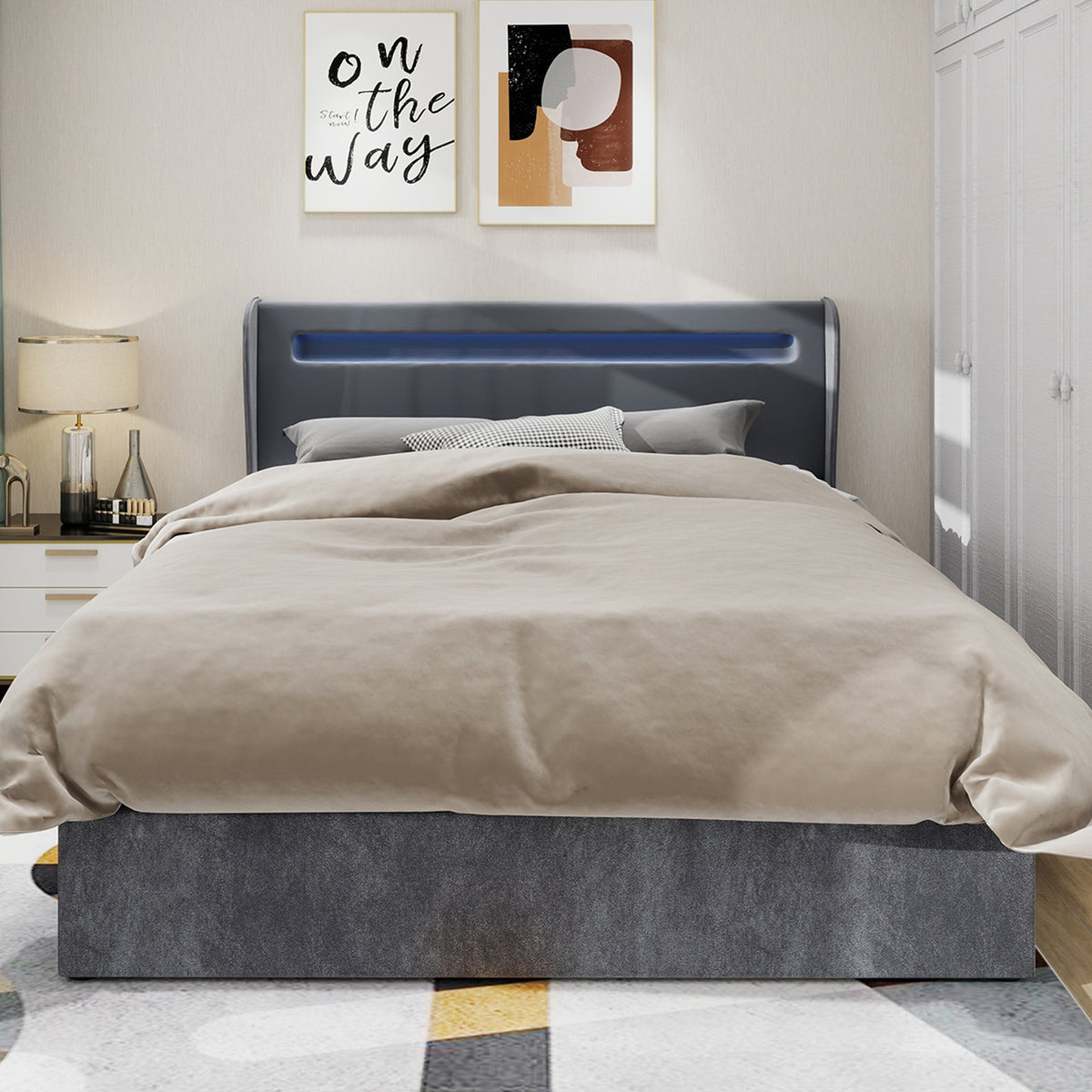 Modern Minimalist Upholstered Bed, LED Headboard, 140x200cm, Grey