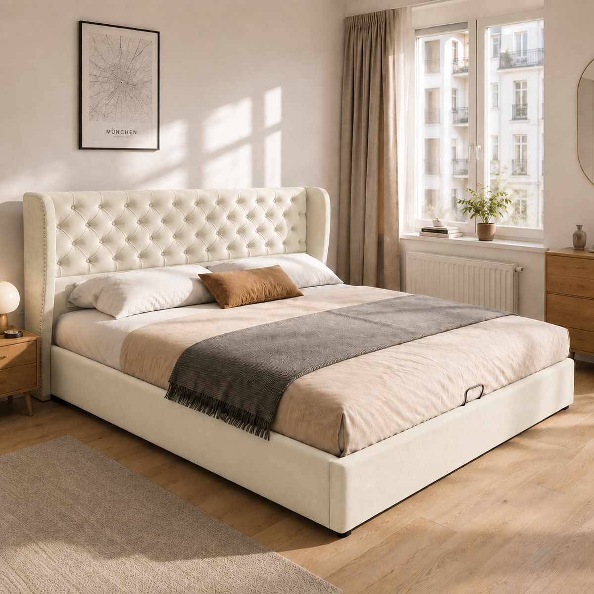 Upholstered Double Bed 160x200 with Storage, Beige Velvet