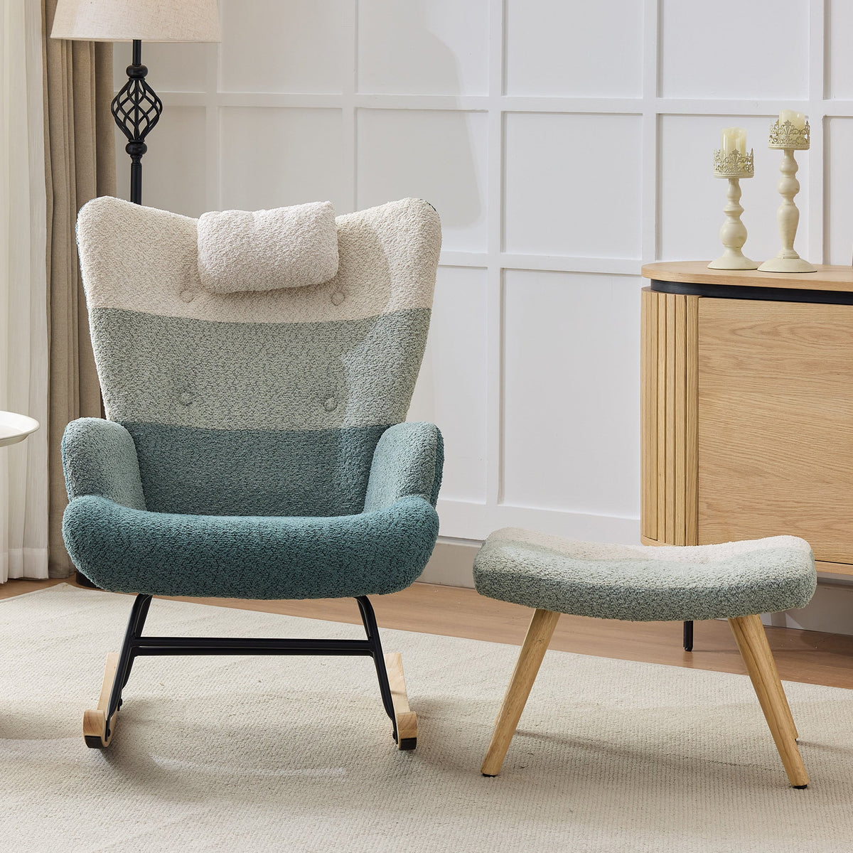 Boucle Rocking Chair Patchwork Stripe Rubberwood Iron Frame with Footstool, Colorful Look