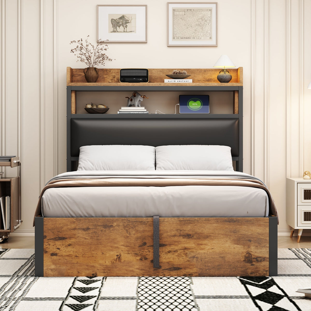 Bed Frame, 90 x 200, Hydraulic Lift, USB, Upholstered Headboard, Black