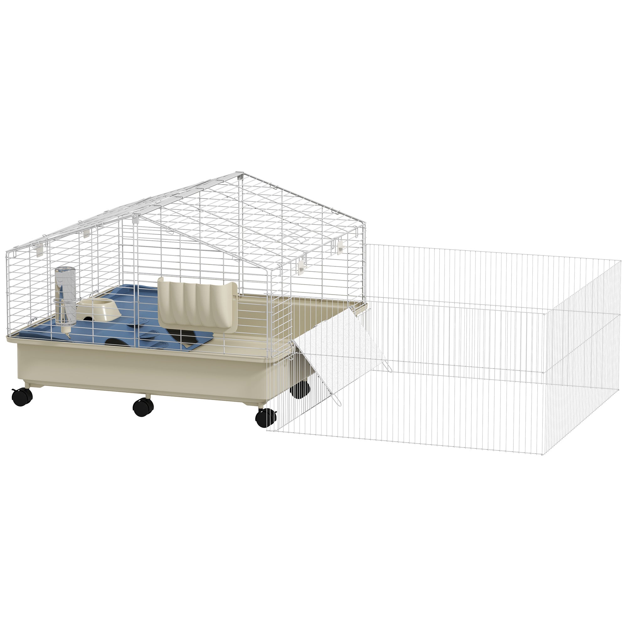 Small Animal Cage with Playpen, Rabbit Hutch and Wheels, White