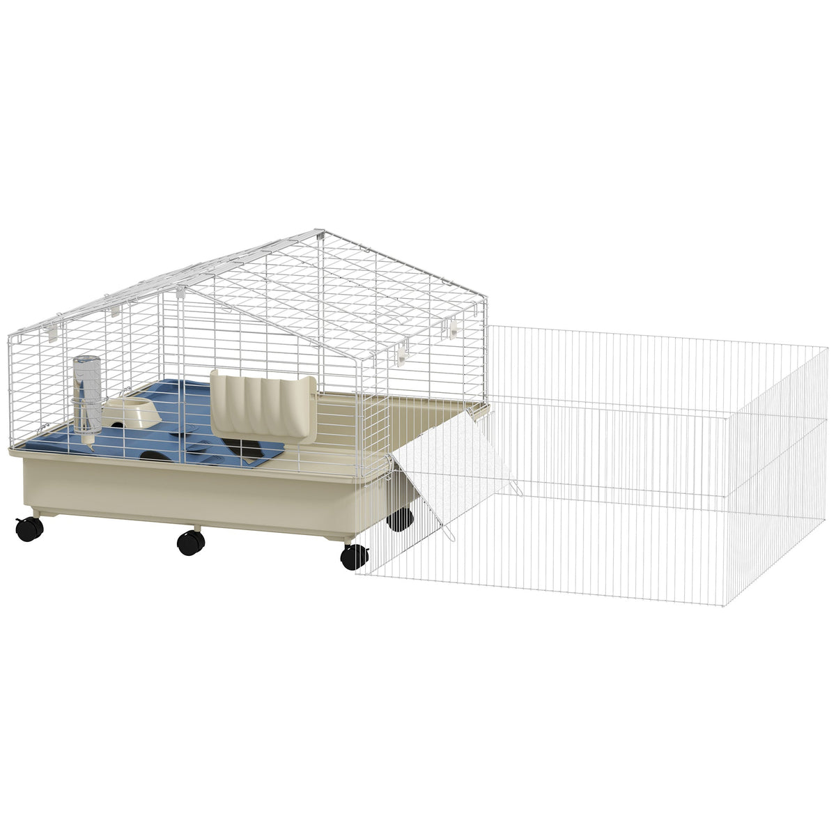 Small Animal Cage with Playpen, Rabbit Hutch and Wheels, White