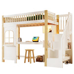 Loft Bed 90x200cm LED Window Design Desk Storage Ladder Power Outlet - White/Natural