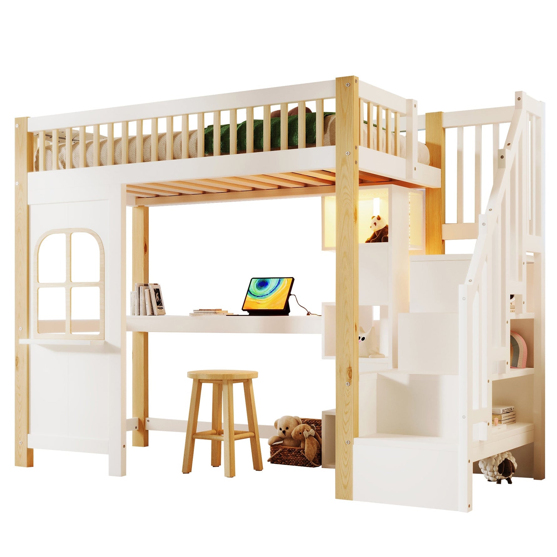 Loft Bed 90x200cm LED Window Design Desk Storage Ladder Power Outlet - White/Natural