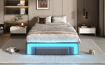Bed Frame 90x200 Drawers LED Light Metal Slat Platform PU Leather, Grey
