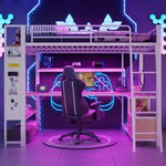 Loft Bed with Desk, LED Lights, Storage and USB Port, 140 x 200 cm, White Iron Frame
