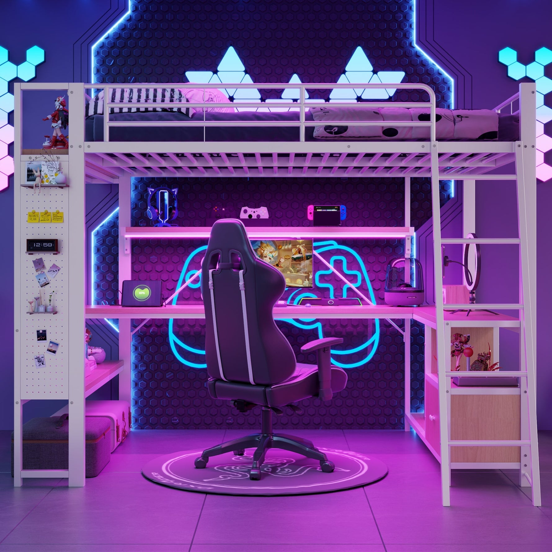 Loft Bed with Desk, LED Lights, Storage and USB Port, 140 x 200 cm, White Iron Frame
