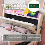 Children's Upholstered Bed 90*200cm, Lights, USB, Storage, Beige Linen