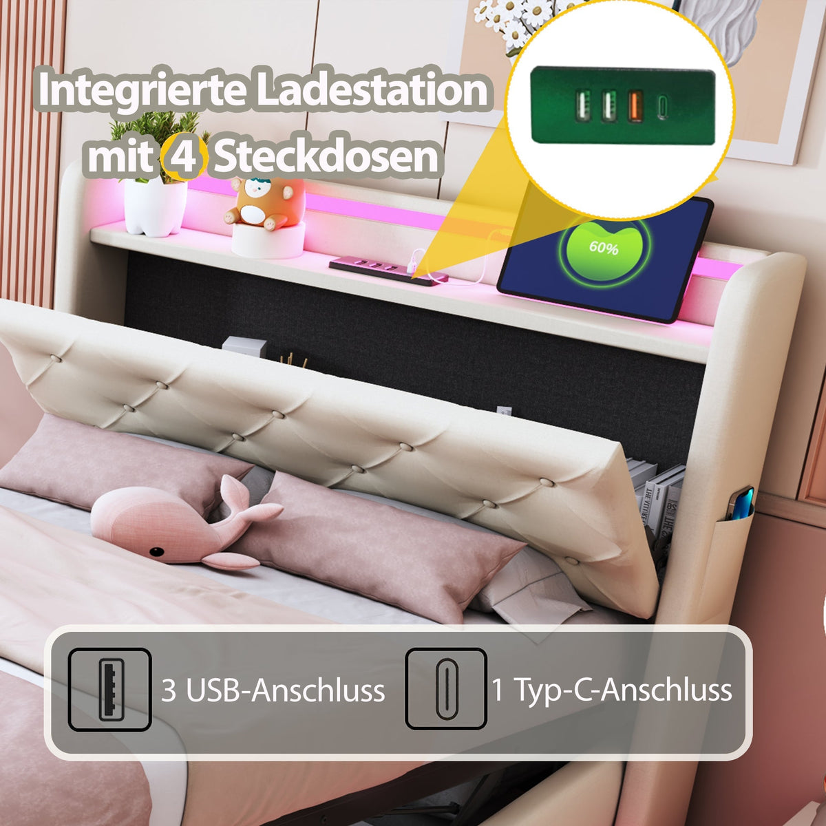 Children's Upholstered Bed 90*200cm, Lights, USB, Storage, Beige Linen