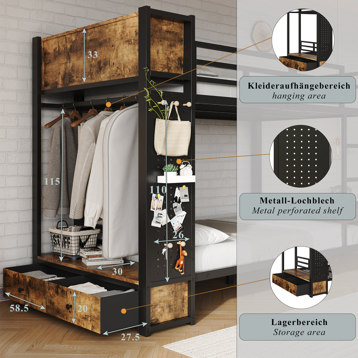 Bunk Bed 120x200 cm with Multifunctional Storage System, Black Metal