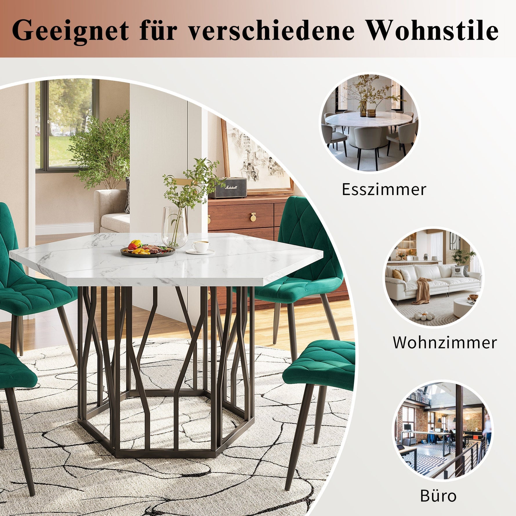 Dining Table and Chair Set 5-Piece Modern Hexagonal Marble Table 4 Green Velvet Chairs