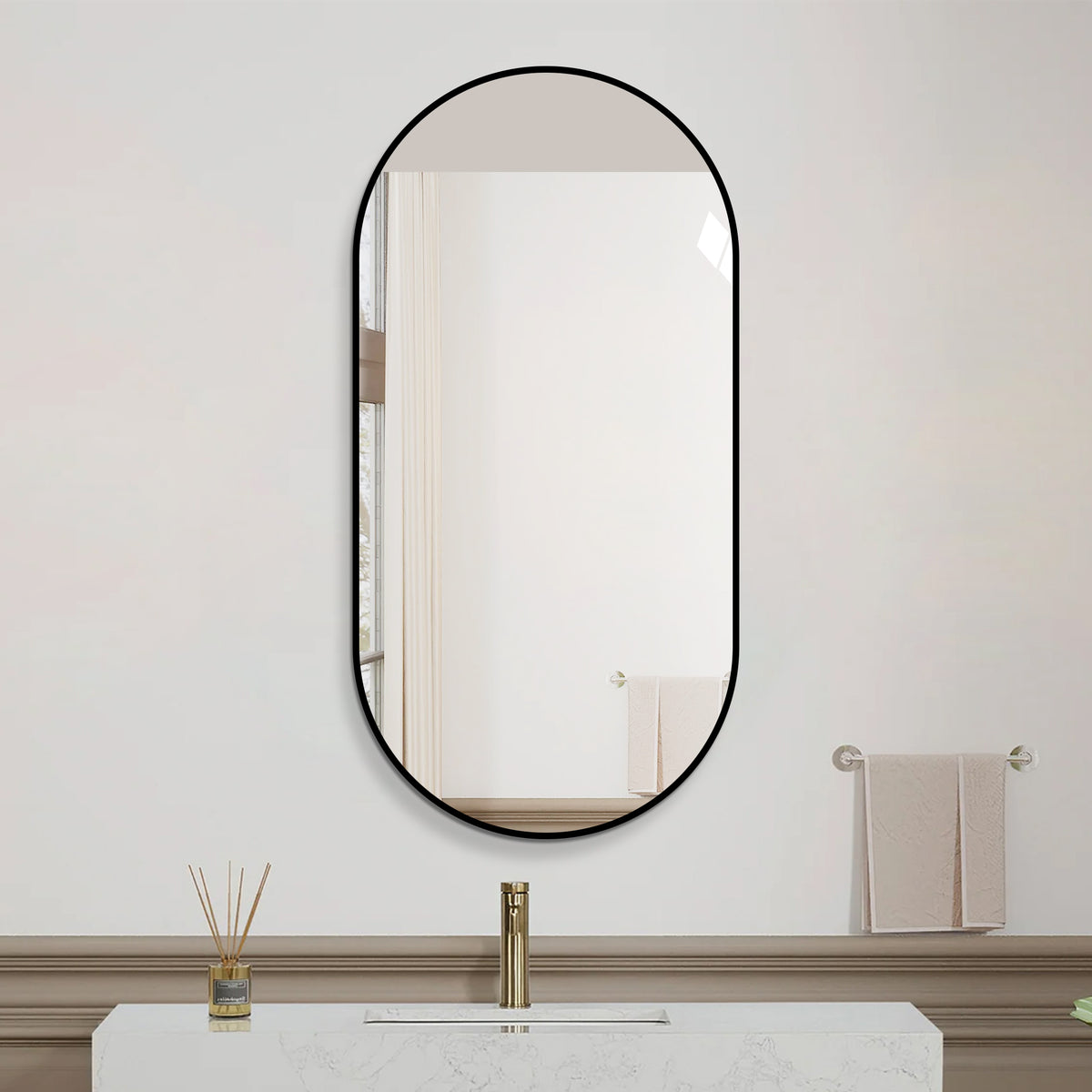 Capsule Wall Mirror 60x120 cm Modern Vanity, Black Aluminum Frame