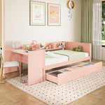 Wooden Single Bed 90x200 with Desk, Drawers & Shelves, Pink