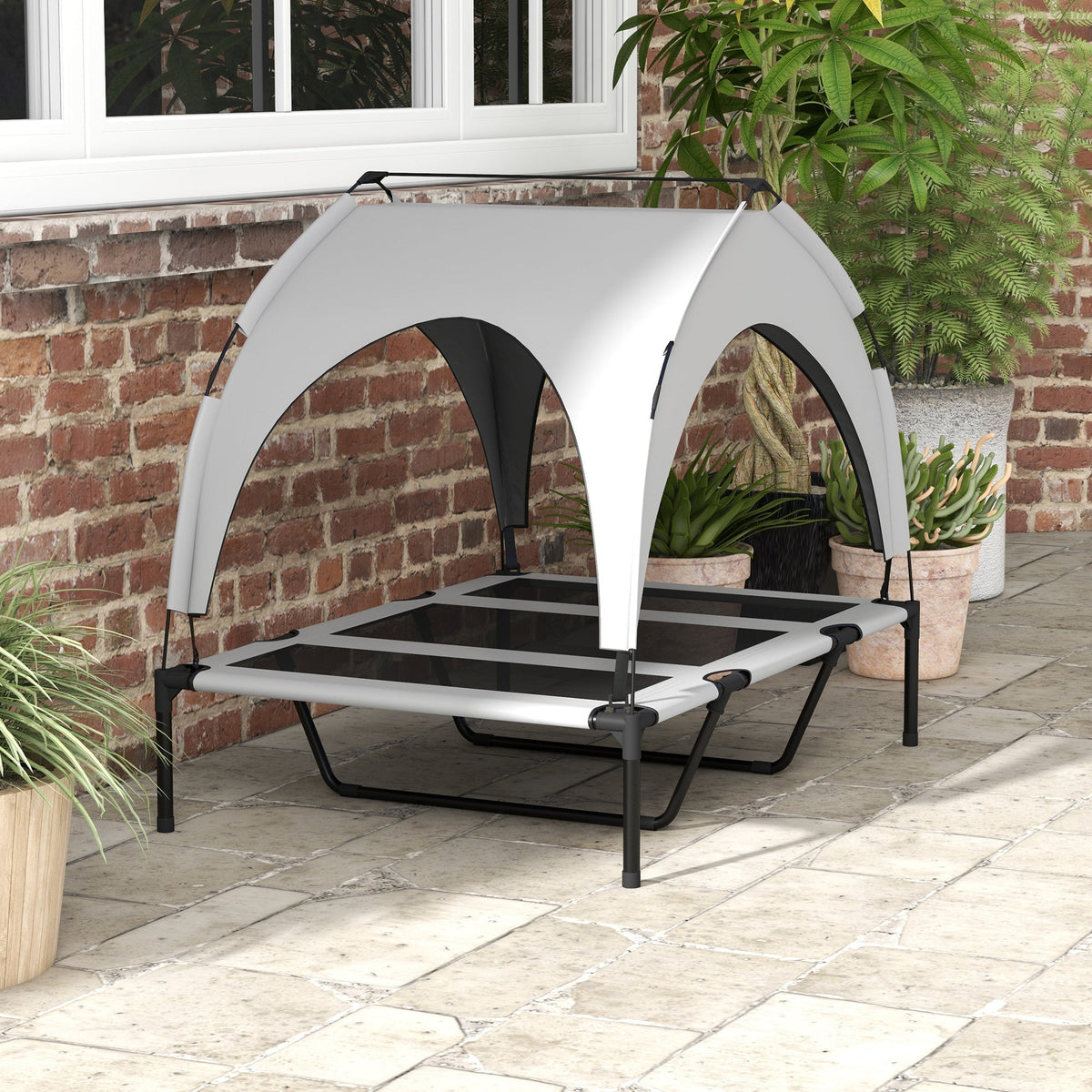 Elevated Dog Bed, Canopy Outdoor Lounger, Breathable, Light Gray Oxford