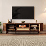 Modern TV Cabinet Rattan Drawers Open Shelves Rounded Top Wood Look Metal Legs