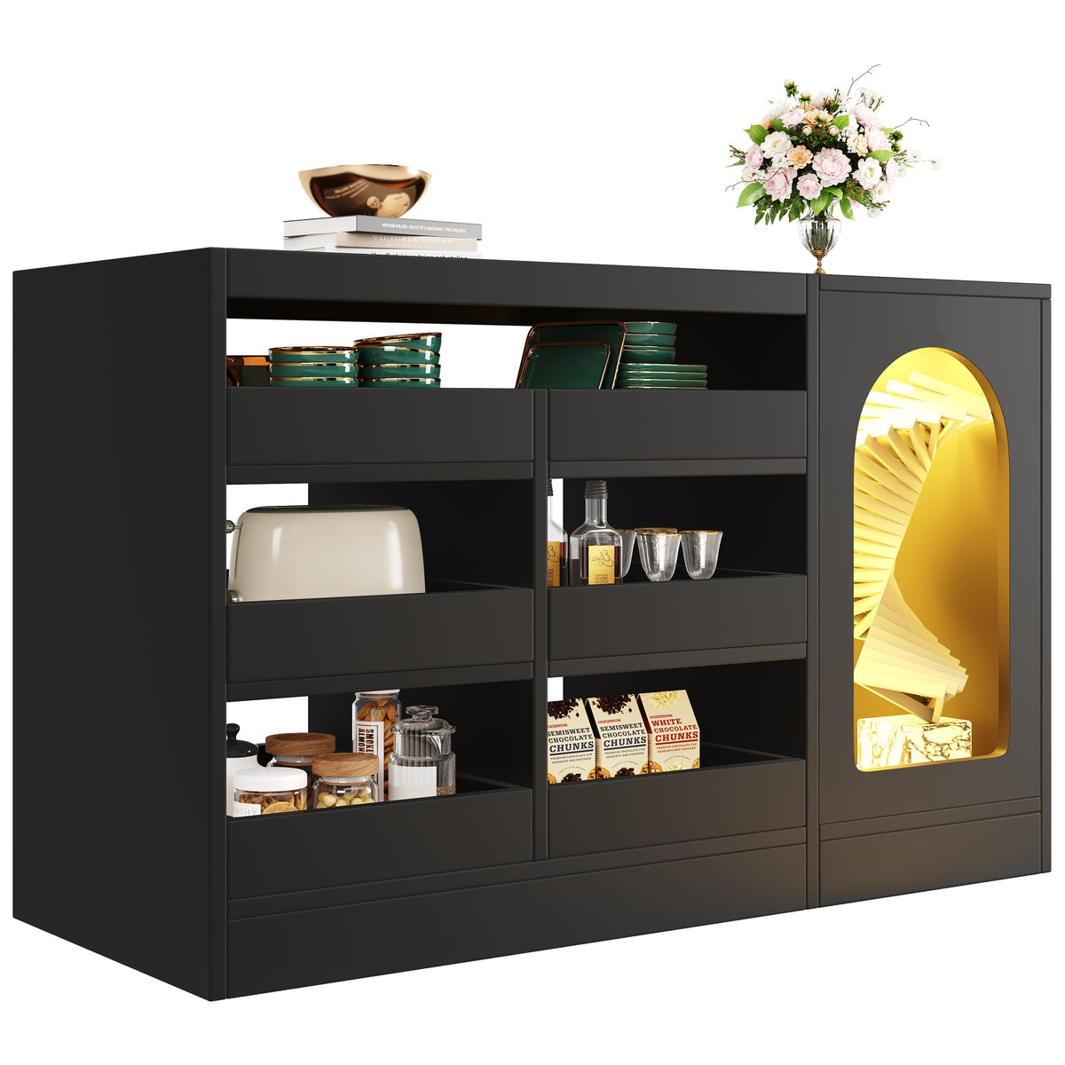 Chest of Drawers Cabinet, Modern 6-Drawer Hollow Door LED Light, Black