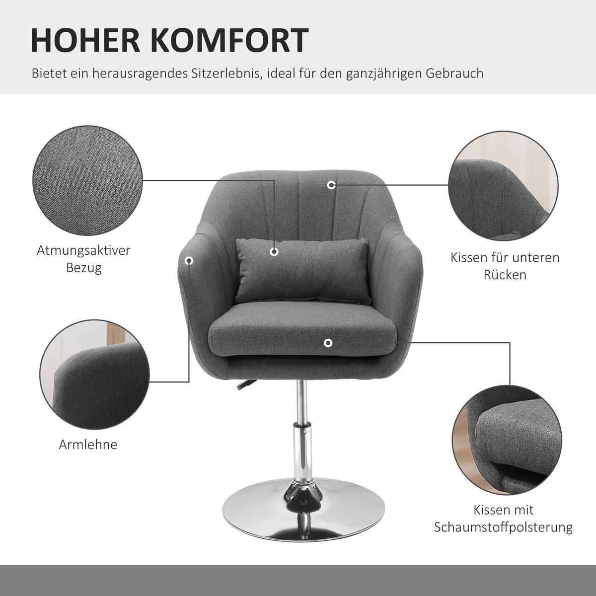 Work Stool Swivel Office Chair Height Adjustable, Linen-like Polyester Dark Grey