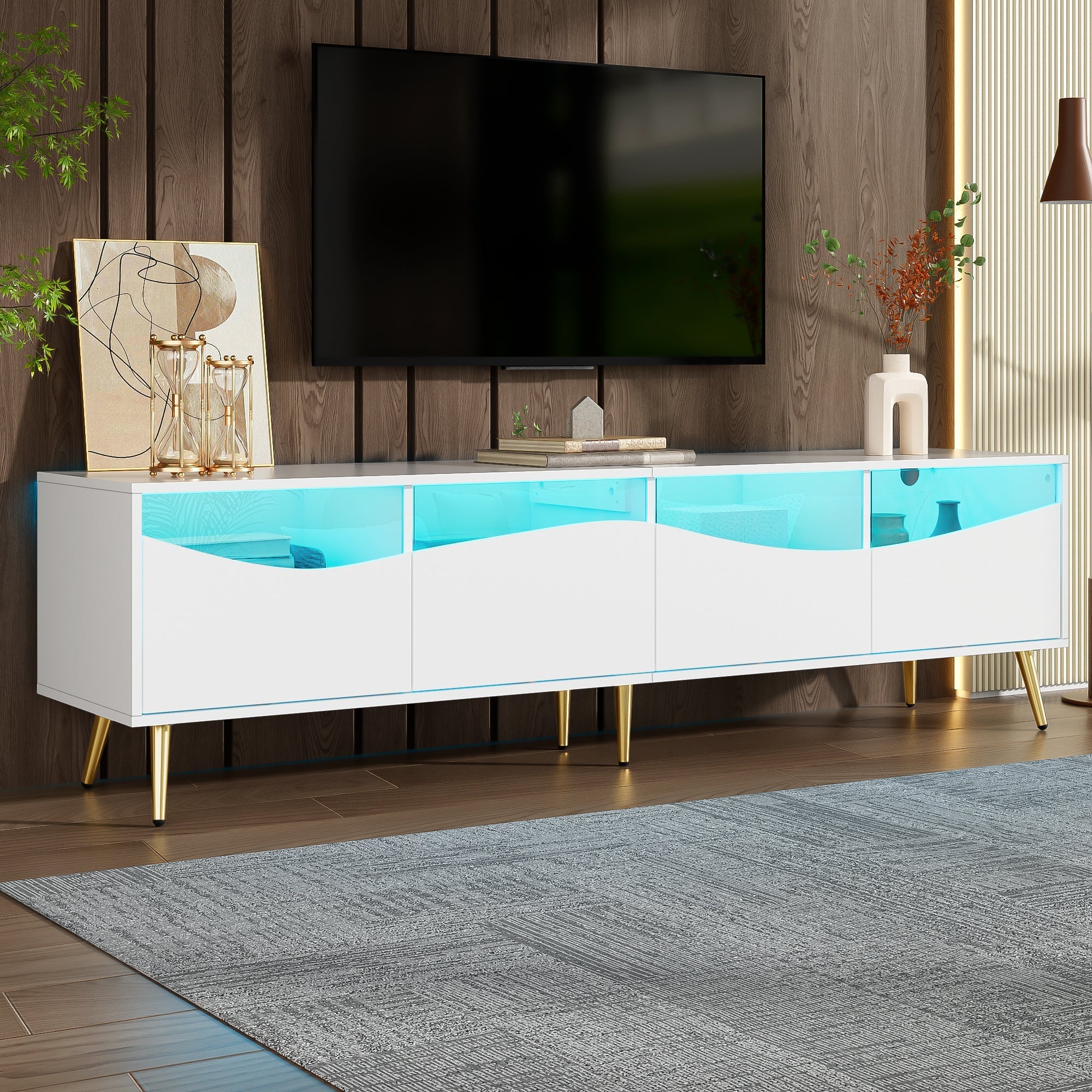 Modern TV Cabinet 180x50cm LED Lighting Glass Front Storage Lowboard White Gold Metal