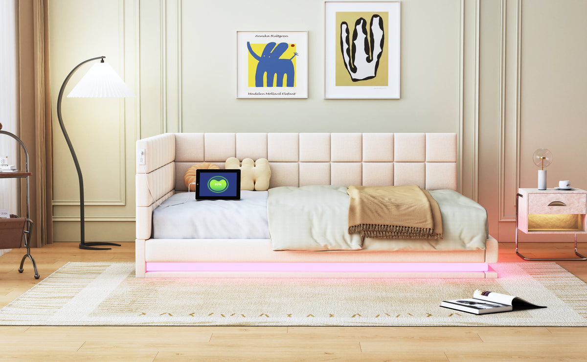 Upholstered Bed Sofa, 140x200 Multifunctional with LED & USB, Velvet Beige