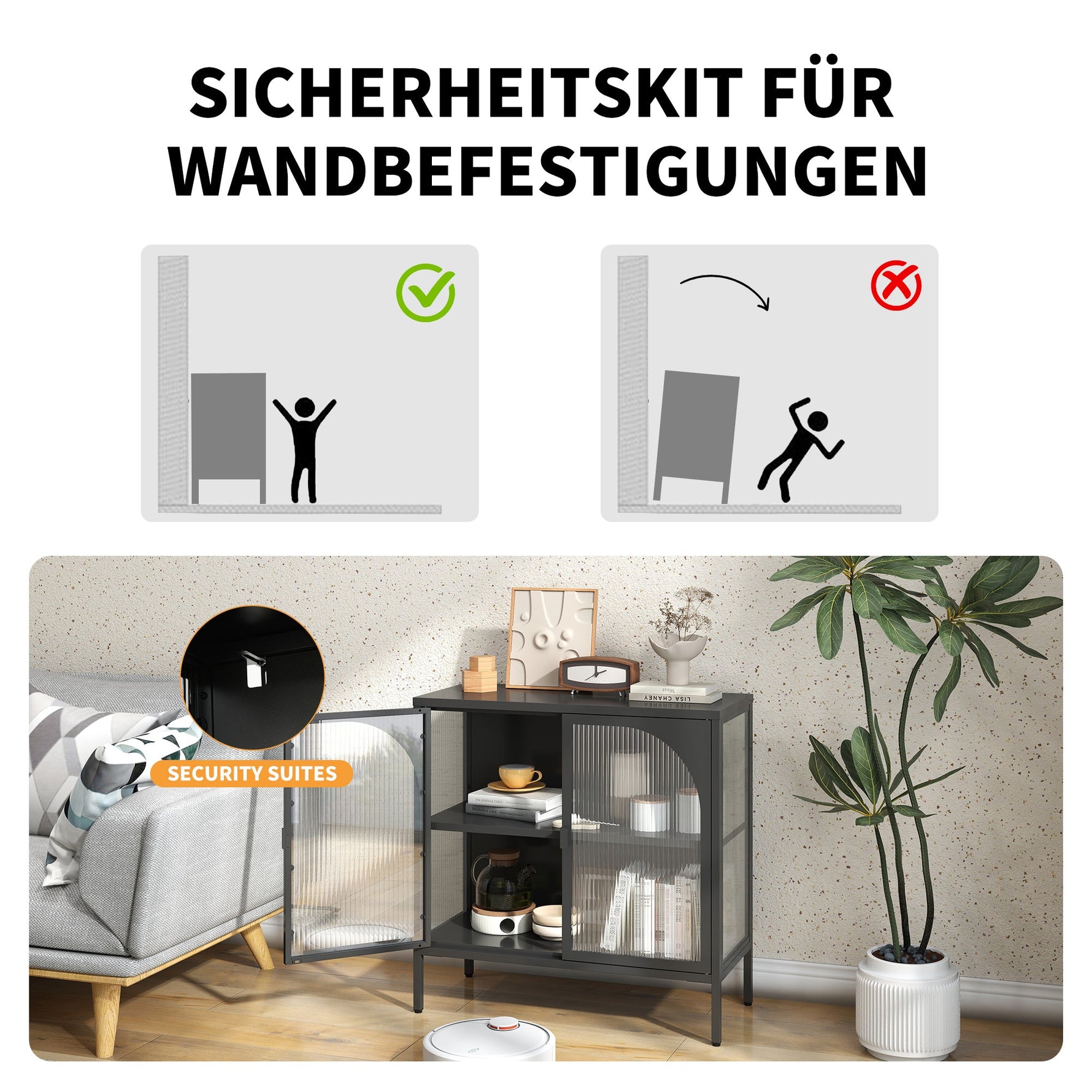 Metal Sideboard Cabinet, 2 Glass Doors Adjustable Shelves H80xW80xD35cm, Iron-Containing