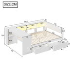 Platform Bed 140x200 with Shelves, Drawers & LED, White Wood