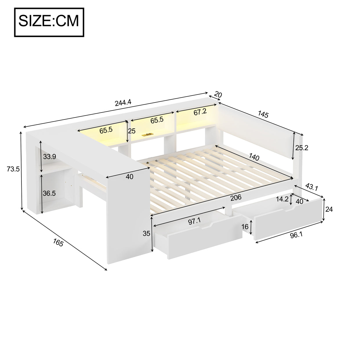 Platform Bed 140x200 with Shelves, Drawers & LED, White Wood